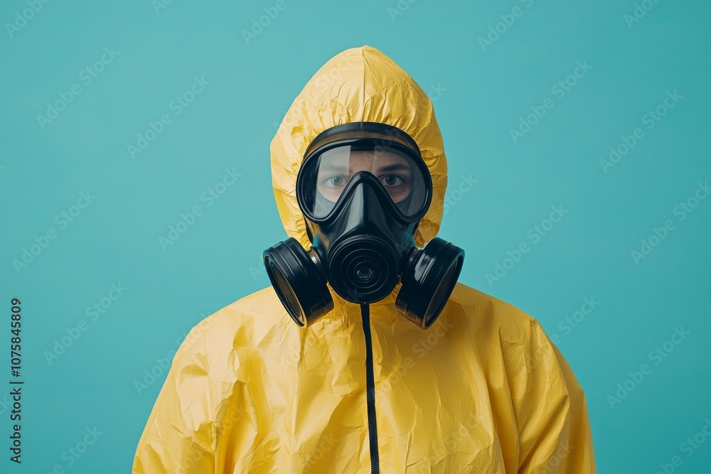 A man in a yellow hazmat suit is wearing a gas mask A man in a yellow hazmat suit is wearing a gas mask