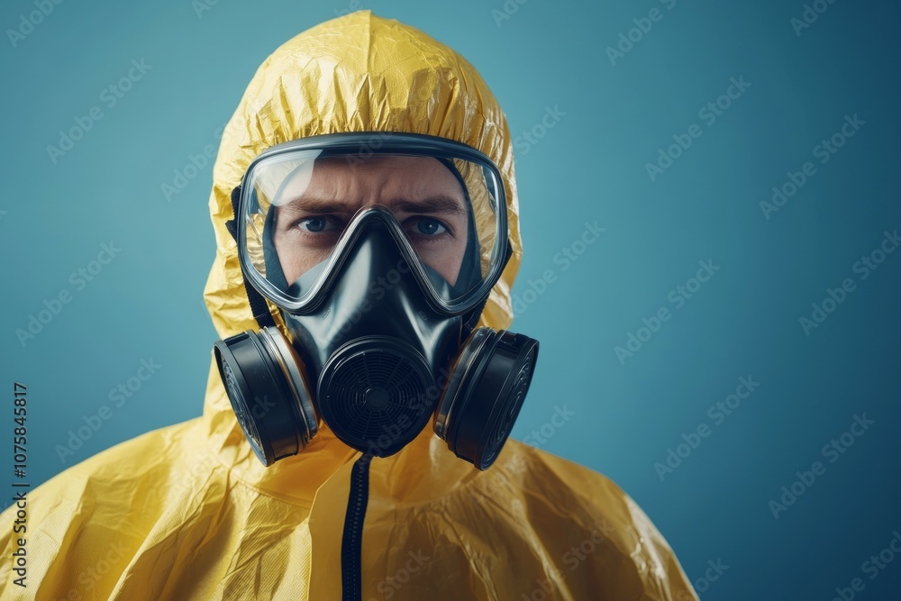 A man in a yellow suit with a gas mask on his face A man in a yellow suit with a gas mask on his face