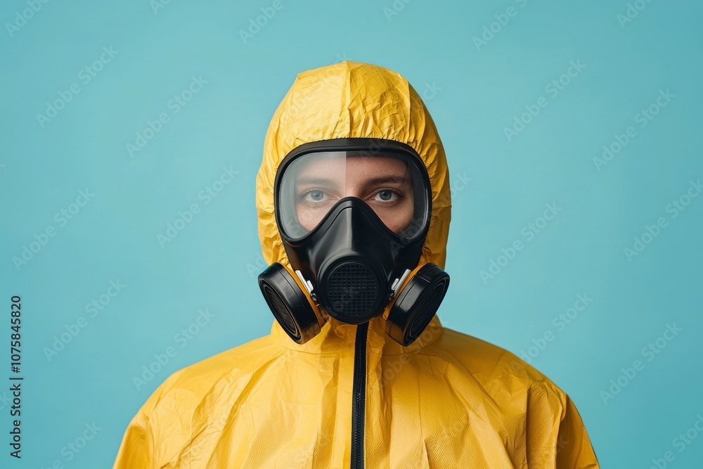 A person in a yellow protective suit with a mask on their face A person in a yellow protective suit with a mask on their face