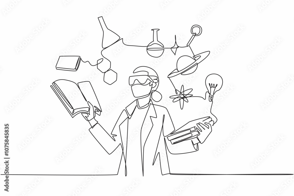 Single one line drawing female scientist surrounded by scientific symbols. Symbolizing knowledge. Research. The contributions of women in STEM fields. Continuous line design graphic illustration Single one line drawing female scientist surrounded by scientific symbols. Symbolizing knowledge. Research. The contributions of women in STEM fields. Continuous line design graphic illustration