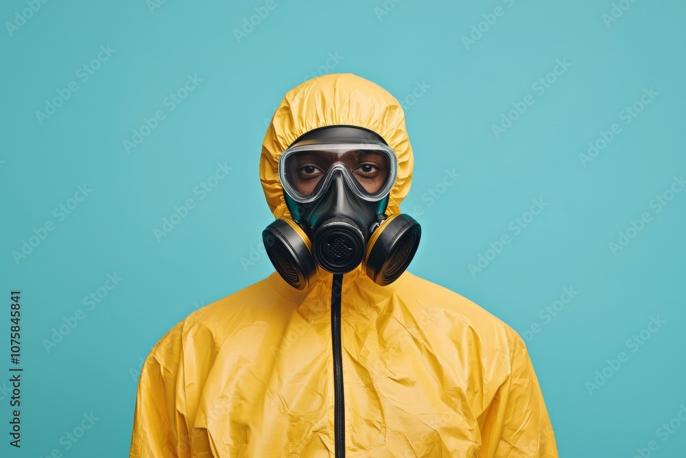 A man in a yellow hazmat suit is wearing a gas mask A man in a yellow hazmat suit is wearing a gas mask