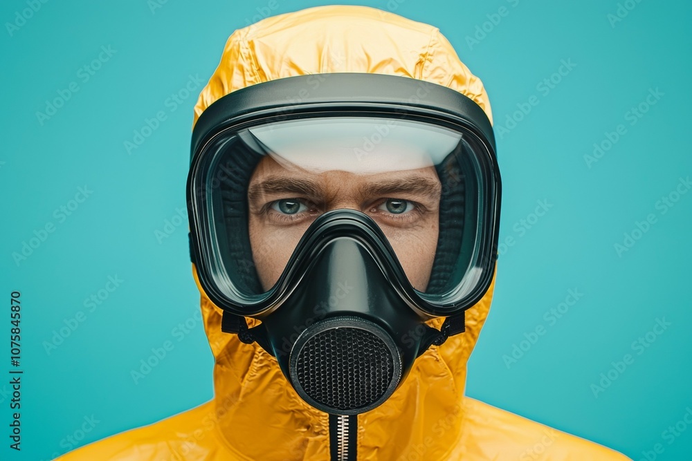 A man in a yellow suit with a mask on his face A man in a yellow suit with a mask on his face