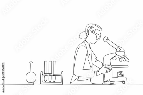 Continuous one line drawing a female scientist intently looking through microscope. Lab equipment surrounds her. Dedication to research and the vital role. Single line draw design vector illustration