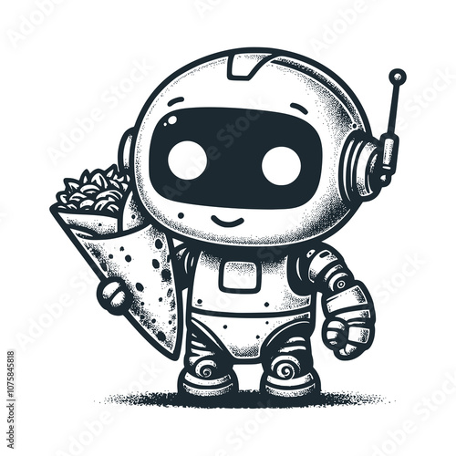 Cute robot with antenna carries shawarma. Black white vector illustration.