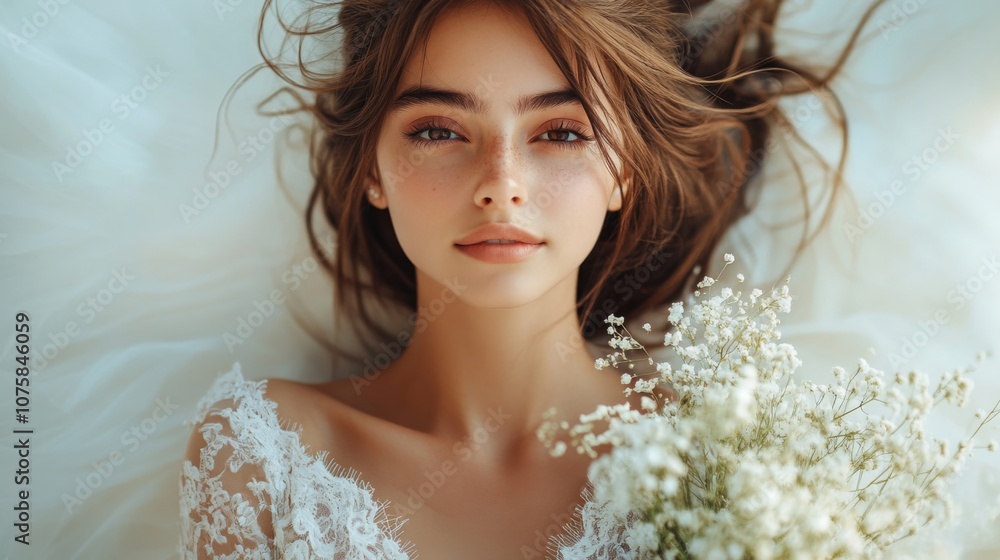 Woman with floral background lying down with gentle expression Woman with floral background lying down with gentle expression