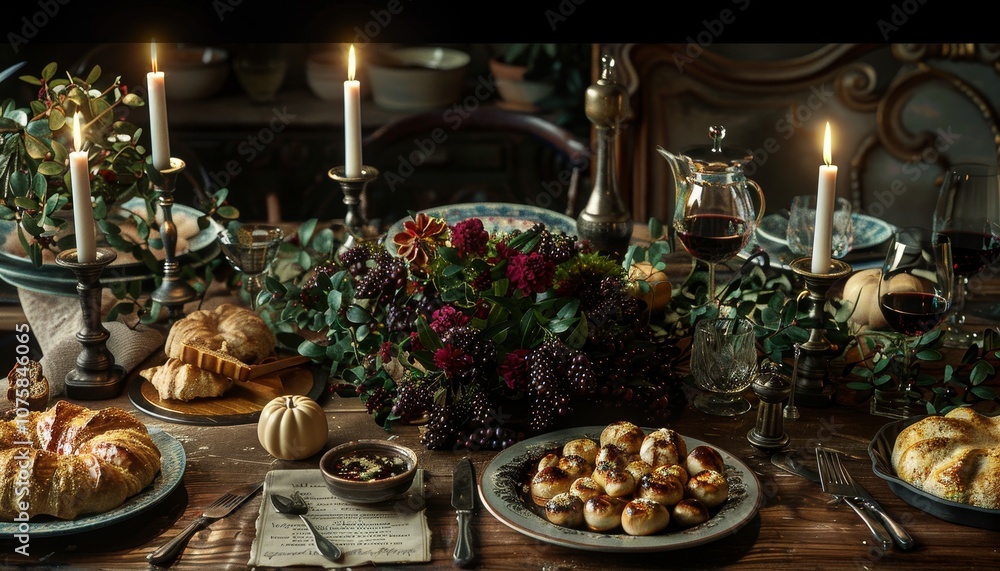 A rustic wooden table set for a special dinner with candles, wine glasses, and a centerpiece of fresh flowers. A rustic wooden table set for a special dinner with candles, wine glasses, and a centerpiece of fresh flowers.