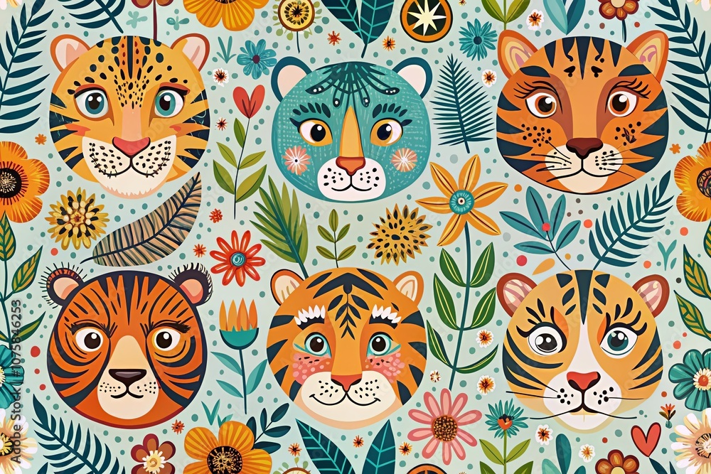 Adorable Boho Nursery Tigers Pattern Featuring Asian Wild Cats in Scandinavian Style for Children's Room Decor and Fabric Print Adorable Boho Nursery Tigers Pattern Featuring Asian Wild Cats in Scandinavian Style for Children's Room Decor and Fabric Print