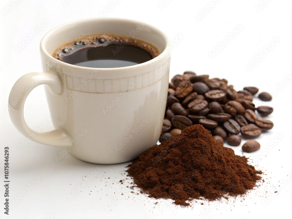 Fototapeta premium cup of coffee. coffee, cup, drink, brown, bean, caffeine, cafe, espresso, beans, aroma, black, white, breakfast, beverage, hot, roasted, food, morning, mug, dark, saucer, coffe, closeup, fresh, aromat