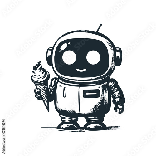 Robot holding ice cream. Black white vector illustration.