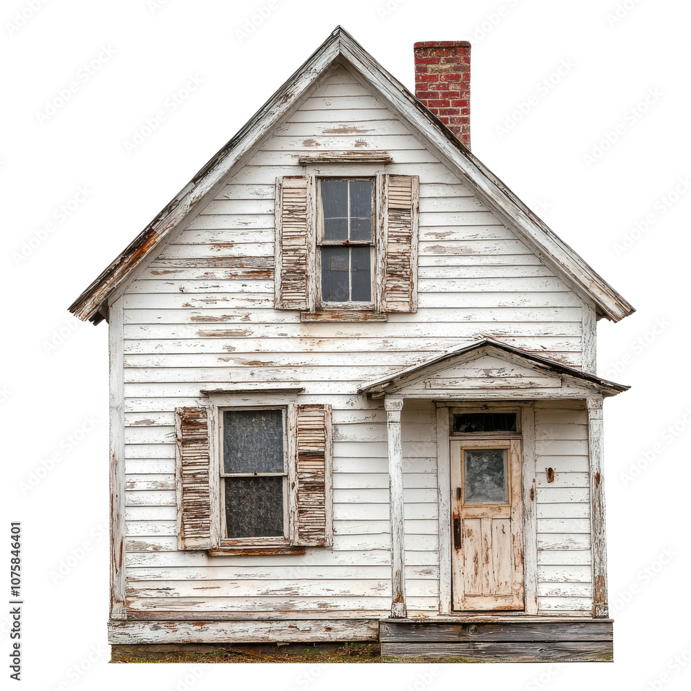 Old wooden house with peeling paint and rustic charm, featuring slanted roof, shuttered windows, and weathered door. This structure evokes sense of nostalgia and history Old wooden house with peeling paint and rustic charm, featuring slanted roof, shuttered windows, and weathered door. This structure evokes sense of nostalgia and history