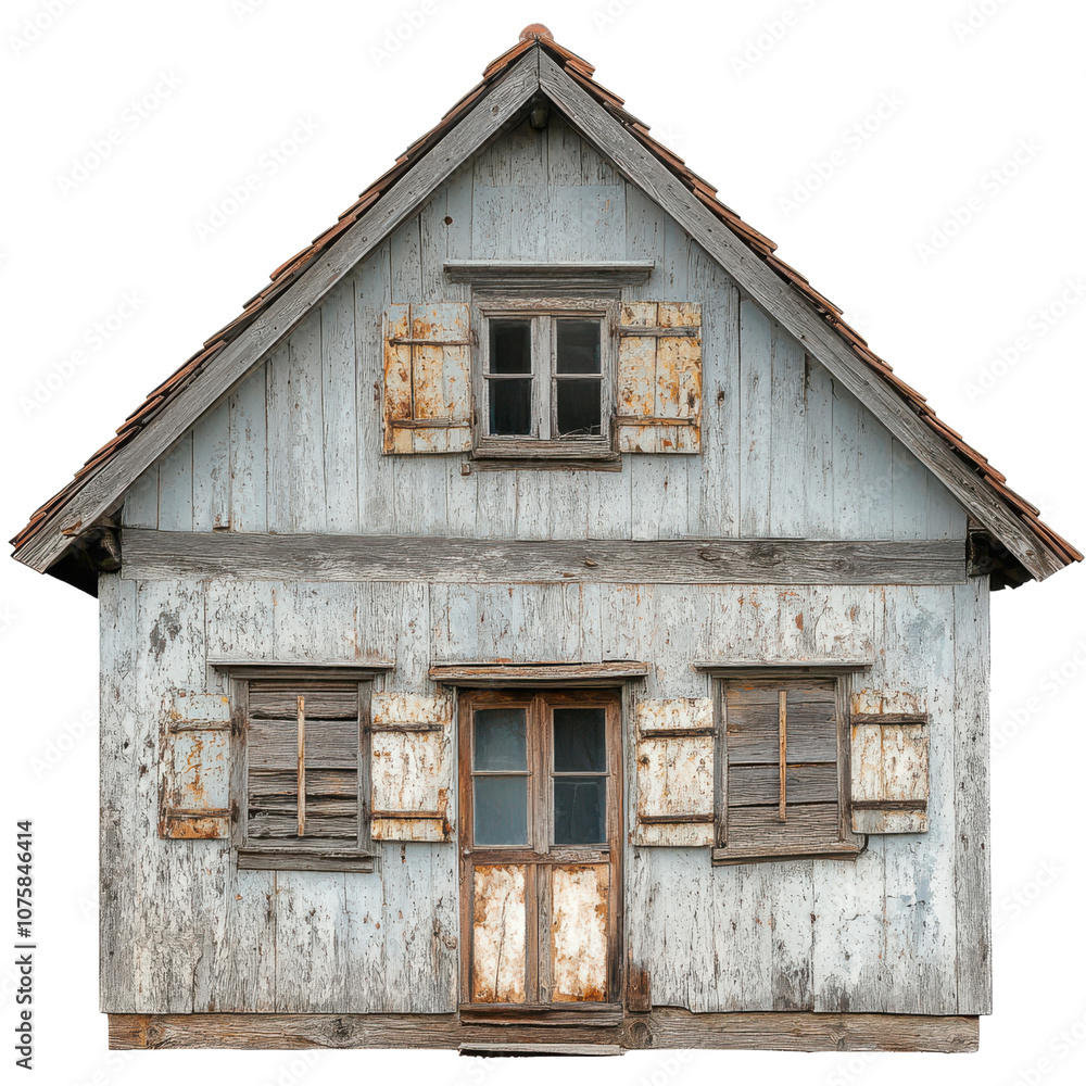 Old wooden house with rustic charm, featuring weathered blue paint, wooden shutters, and classic gabled roof. This structure evokes sense of nostalgia and history Old wooden house with rustic charm, featuring weathered blue paint, wooden shutters, and classic gabled roof. This structure evokes sense of nostalgia and history