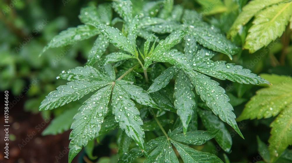 Close-up of cannabis leaves with morning dew drops Close-up of cannabis leaves with morning dew drops