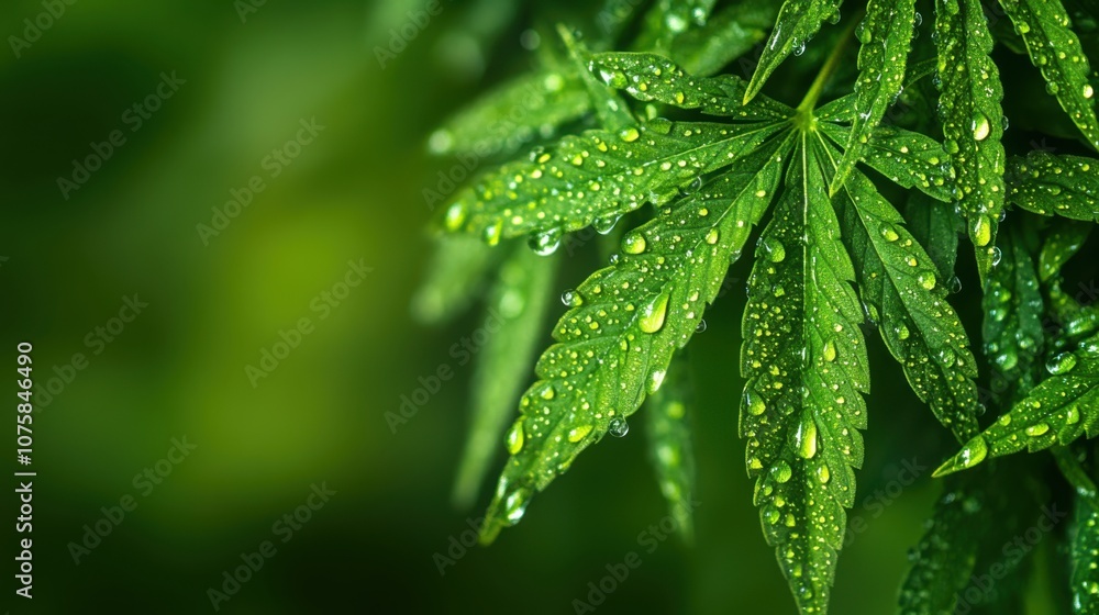 Close-up of cannabis leaves with shining water drops, isolated