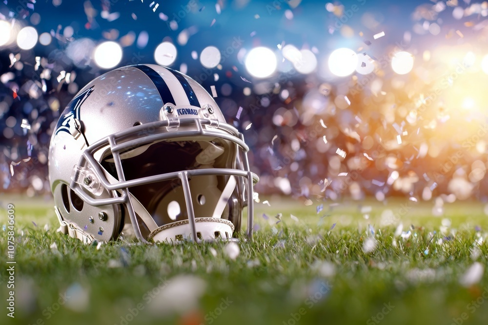A football helmet is on the grass A football helmet is on the grass