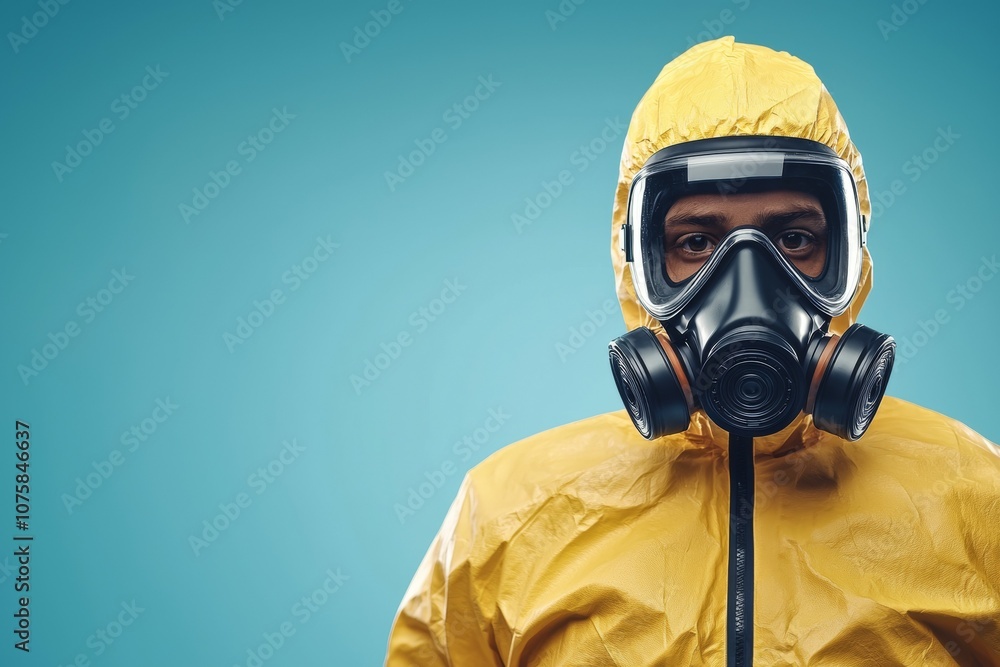 A man in a yellow protective suit with a gas mask on his face A man in a yellow protective suit with a gas mask on his face