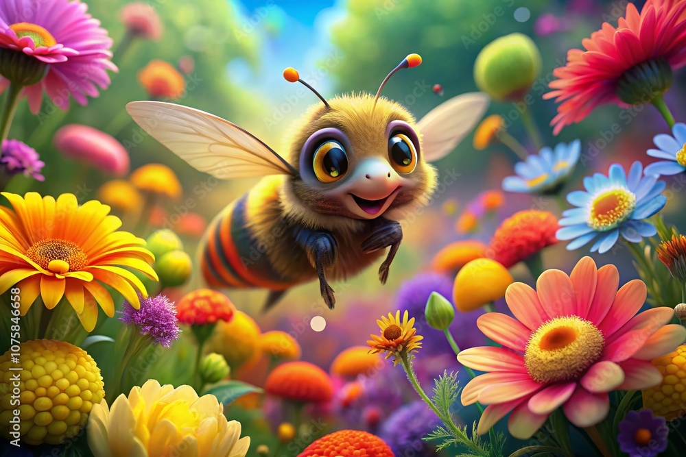 Adorable Panoramic Illustration of a Cute Bee in a Vibrant Flower Garden Capturing the Essence of Nature's Beauty and the Joy of Pollination in a Whimsical Style Adorable Panoramic Illustration of a Cute Bee in a Vibrant Flower Garden Capturing the Essence of Nature's Beauty and the Joy of Pollination in a Whimsical Style