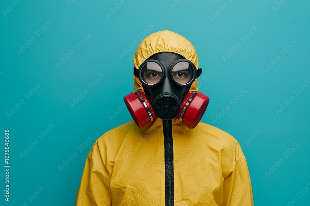 A person in a yellow hazmat suit with a red mask on A person in a yellow hazmat suit with a red mask on