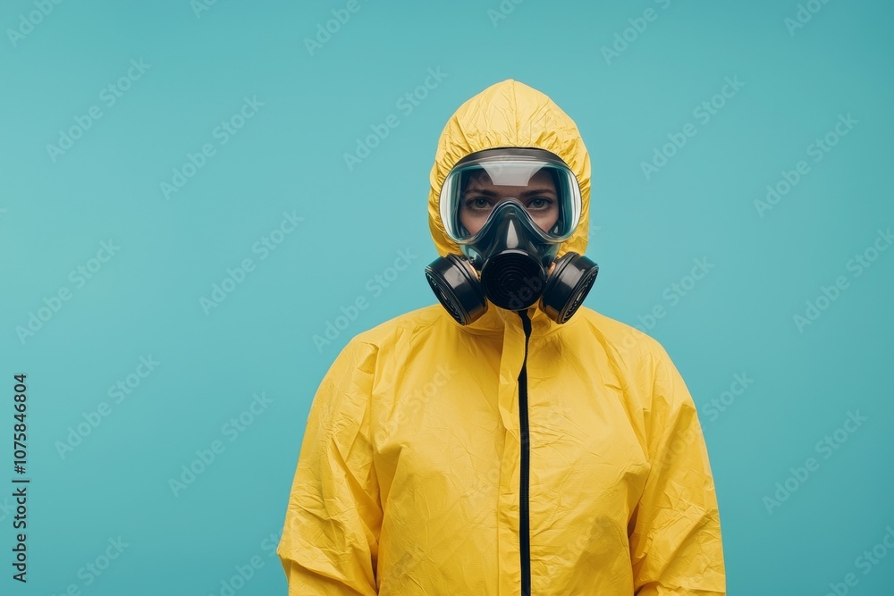 A woman in a yellow hazmat suit is wearing a gas mask A woman in a yellow hazmat suit is wearing a gas mask