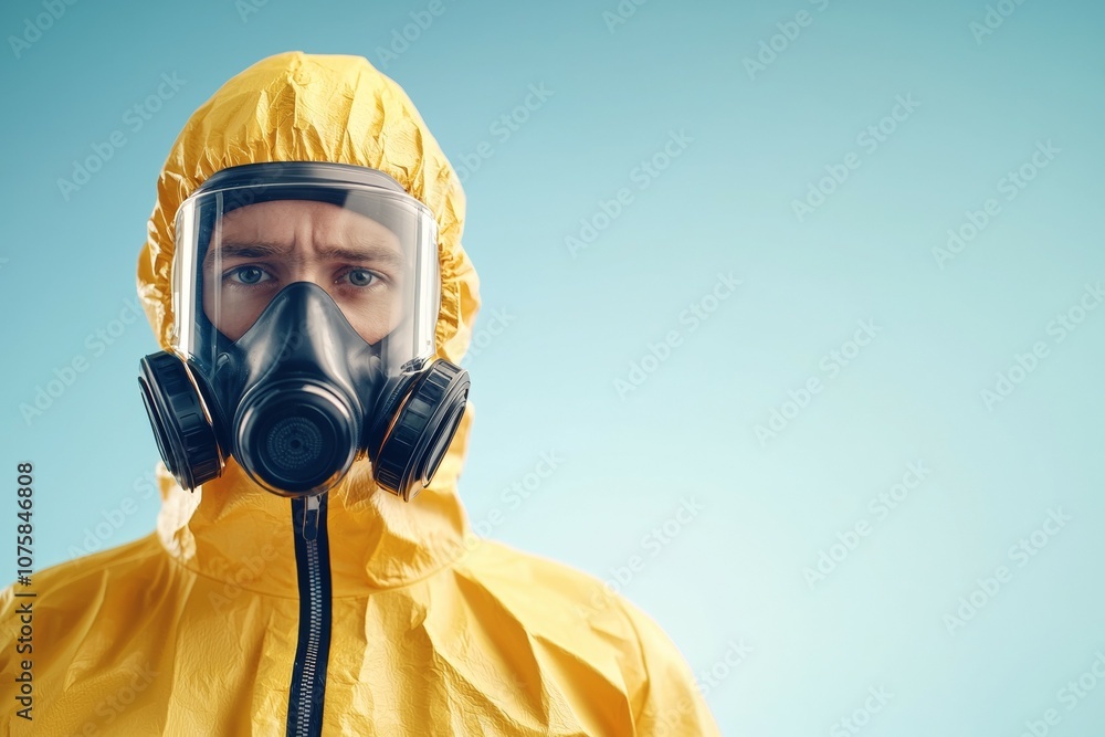 A man in a yellow protective suit with a mask on his face A man in a yellow protective suit with a mask on his face