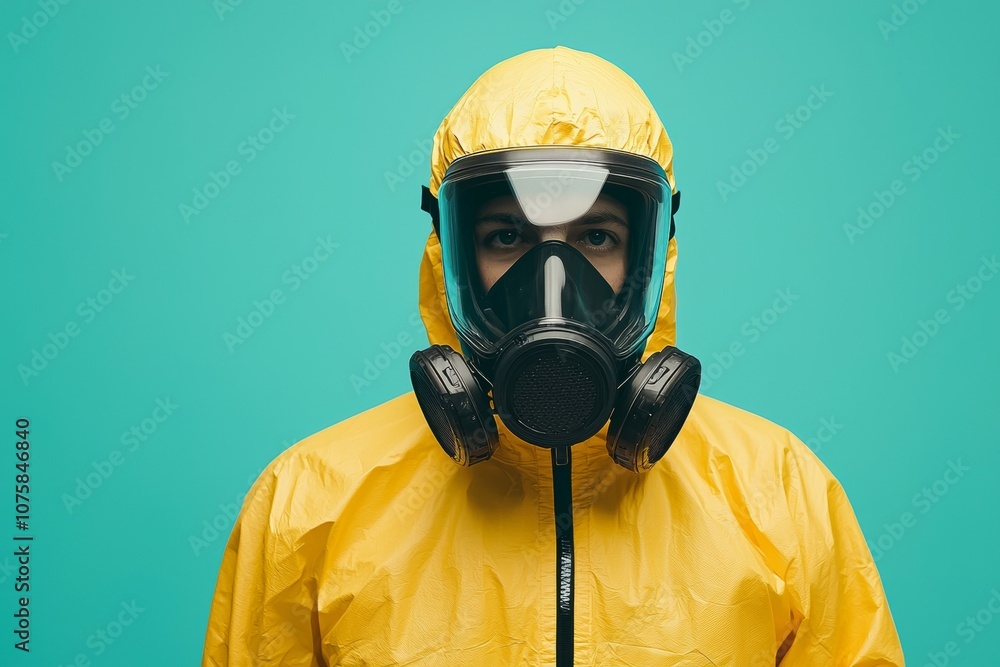 A person in a yellow protective suit with a mask on A person in a yellow protective suit with a mask on
