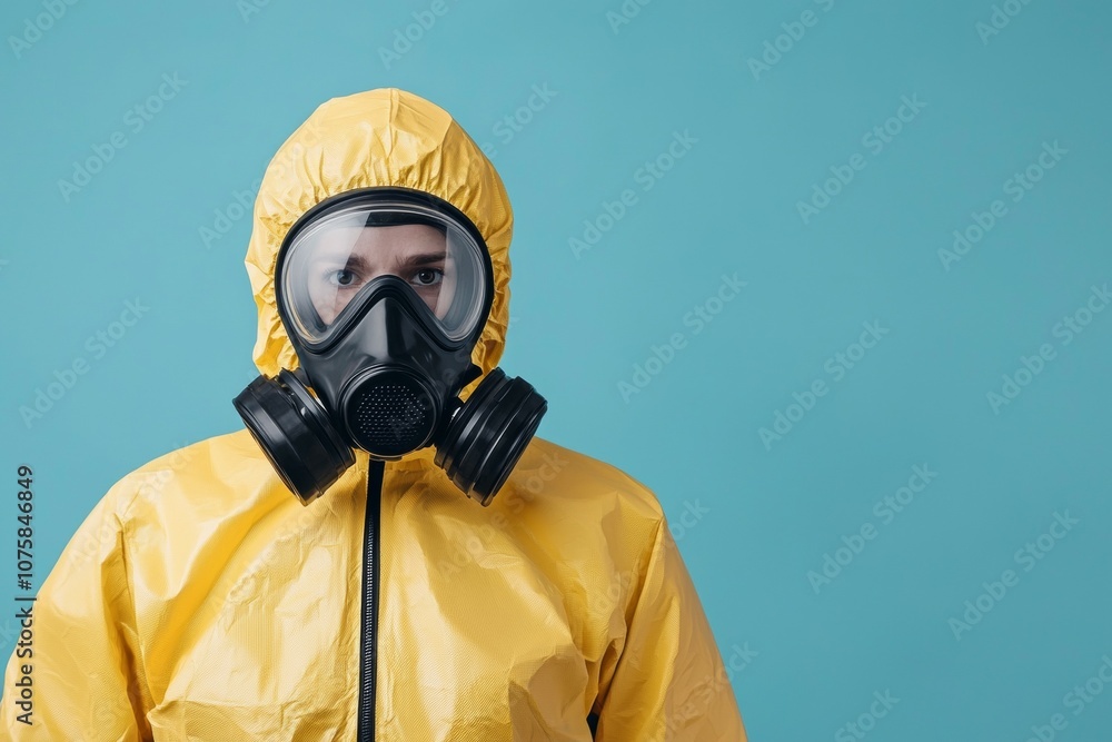 A man in a yellow protective suit with a gas mask on his face A man in a yellow protective suit with a gas mask on his face
