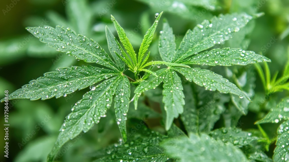 Close-up of water droplets on cannabis leaves, isolated against Close-up of water droplets on cannabis leaves, isolated against