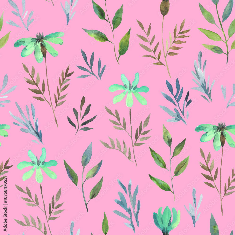 Fototapeta premium Watercolor seamless pattern with simple delicate plants and flowers. Hand drawn artistic print