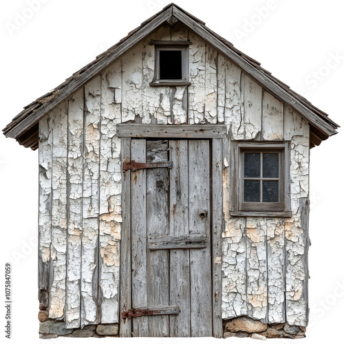 weathered wooden shed with peeling paint and rustic door, showcasing its aged charm and character. This structure evokes sense of nostalgia and simplicity photo