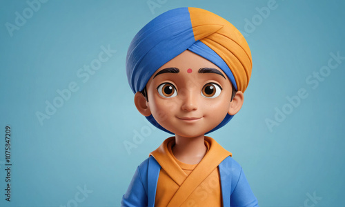A young boy with a blue and orange turban smiles against a light blue background