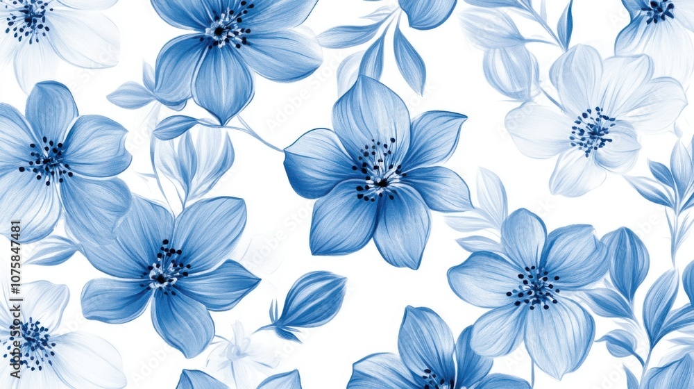 Fototapeta premium Delicate seamless floral pattern with blue flowers of different sizes