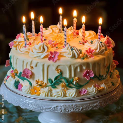 beautiful birthday cake with candle wishes photo