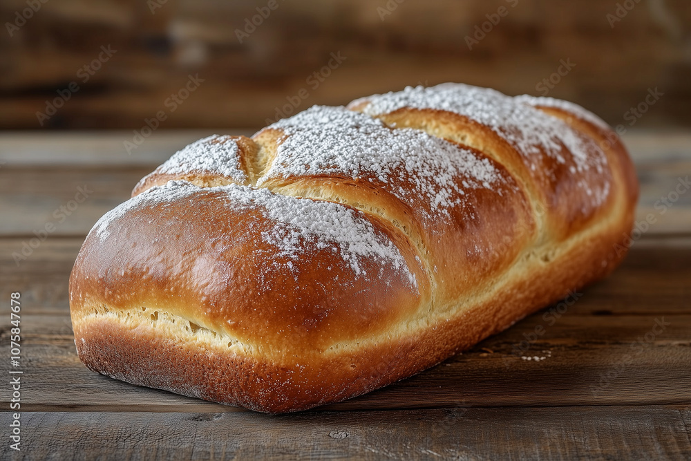 Whole cozonac loaf with a golden crust, garnished with powdered sugar, displayed on a rustic table Whole cozonac loaf with a golden crust, garnished with powdered sugar, displayed on a rustic table