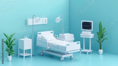 Modern hospital room with medical equipment and greenery photo