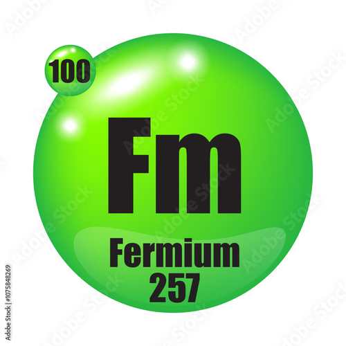 Fermium icon. Fm chemical element. Atomic number 100. Mass 257. Green sphere image.