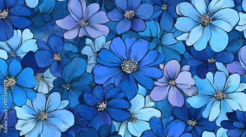 Elegant seamless floral pattern with hand-drawn blue flowers,