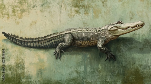 a Animal/Wildlife of A crocodile representing, positioned to the right with a moss green soft-toned background
