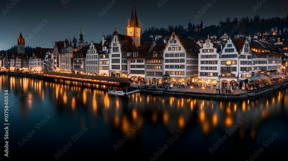 Nighttime View of the Historic Buildings and Bridge Over the River in Zurich, Switzerland, Europe, City, cityscape, cityscape lights, urban Nighttime View of the Historic Buildings and Bridge Over the River in Zurich, Switzerland, Europe, City, cityscape, cityscape lights, urban