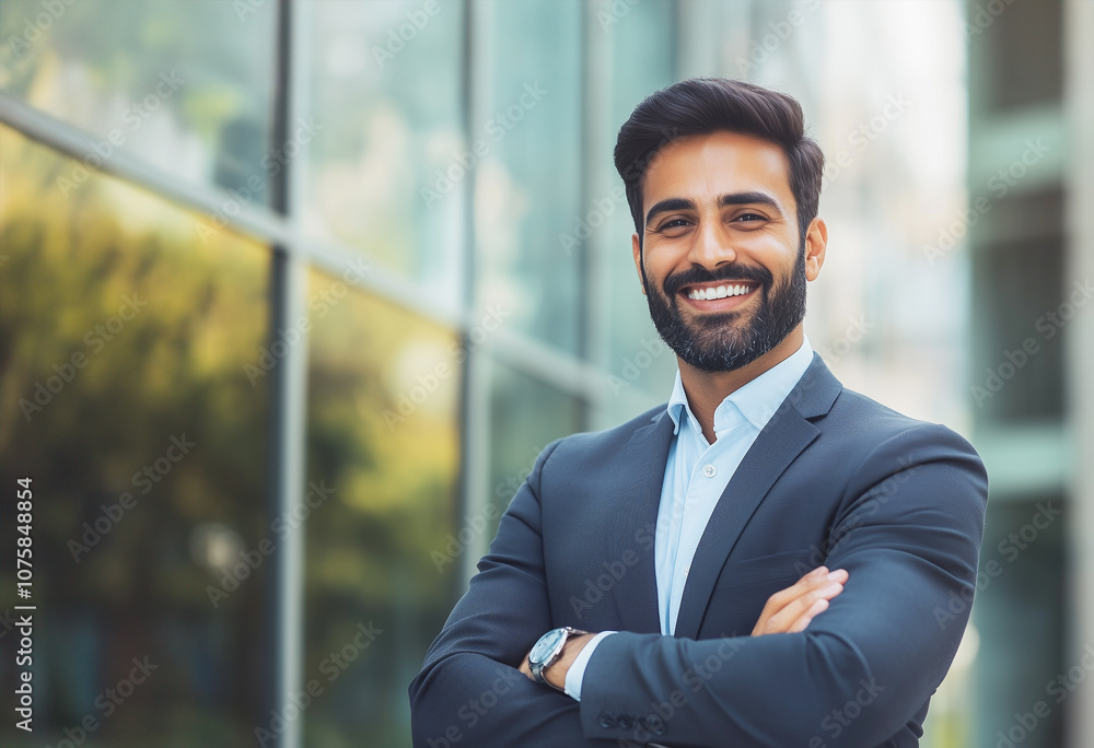 Indian businessman, smiling and standing with arms crossed, outside modern office. Indian businessman, smiling and standing with arms crossed, outside modern office.