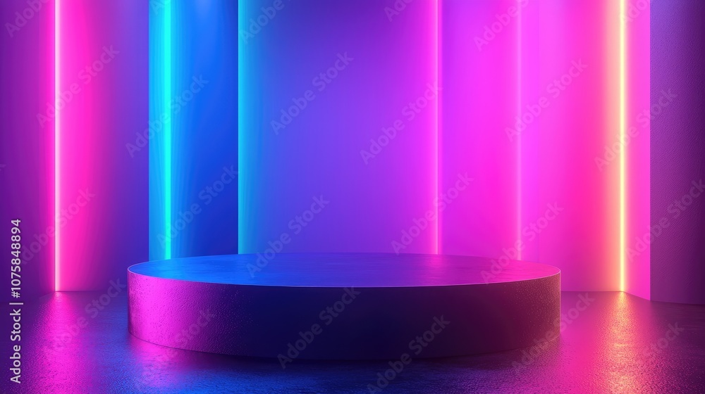 Circular Platform with Neon Lighting and a Reflective Surface Circular Platform with Neon Lighting and a Reflective Surface