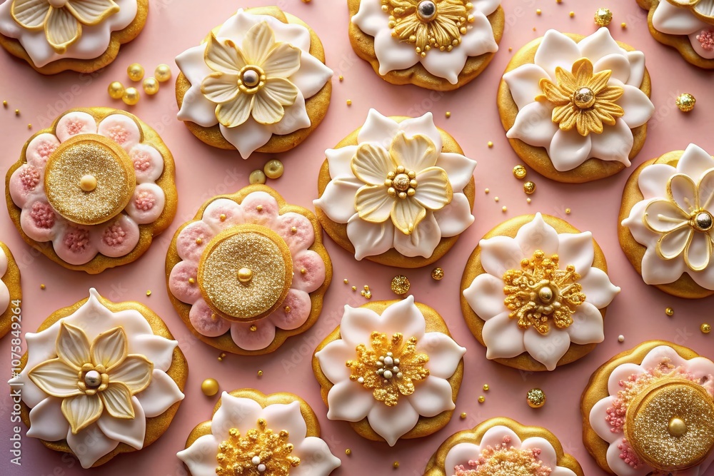 Aerial View of Luxurious Gold Flower Cookies Decorated with Edible Gold Flakes on a Soft Pastel Pink Background for a Delightful Culinary Experience Aerial View of Luxurious Gold Flower Cookies Decorated with Edible Gold Flakes on a Soft Pastel Pink Background for a Delightful Culinary Experience
