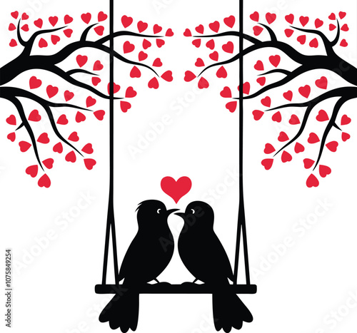 Romantic vector illustration of two lovebirds on a swing under branches with pink heart leaves, perfect for love, romance, and nature-themed designs