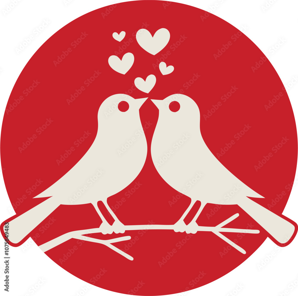 Charming vector illustration of lovebirds kissing with a red circle background and heart accents, ideal for love and romance themes. Charming vector illustration of lovebirds kissing with a red circle background and heart accents, ideal for love and romance themes.