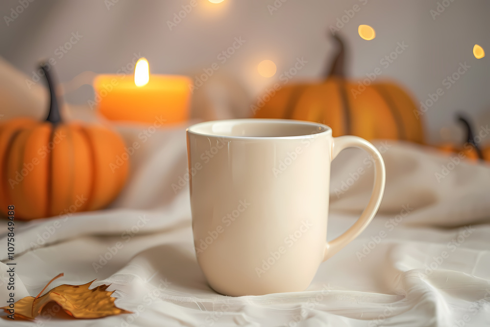 A cozy beige mug surrounded by festive pumpkins, soft fabric, and gentle candlelight, evoking a warm autumn atmosphere. A cozy beige mug surrounded by festive pumpkins, soft fabric, and gentle candlelight, evoking a warm autumn atmosphere.