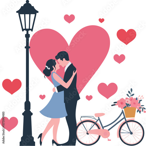 Vector illustration of a romantic couple embracing under a lamppost with a heart background and a bicycle adorned with flowers. Perfect for love and romance themes