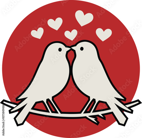 Charming vector illustration of lovebirds kissing with a red circle background and heart accents, ideal for love and romance themes.