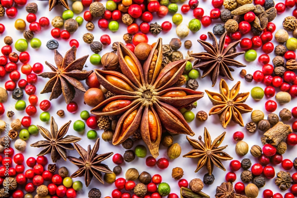 Aerial View of Star Anise, Peppercorns, and Allspice on a Clean White Background for Culinary Inspiration and Spice Collection Imagery Aerial View of Star Anise, Peppercorns, and Allspice on a Clean White Background for Culinary Inspiration and Spice Collection Imagery