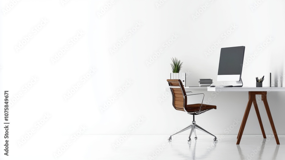 Flat design workspace: Empty office desk with a computer Flat design workspace: Empty office desk with a computer