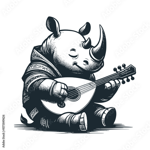 Rhino playing strings. Black white vector illustration.