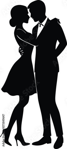 Elegant vector illustration of a dancing couple in black-and-white silhouette, perfect for romantic-themed designs and dance-related projects