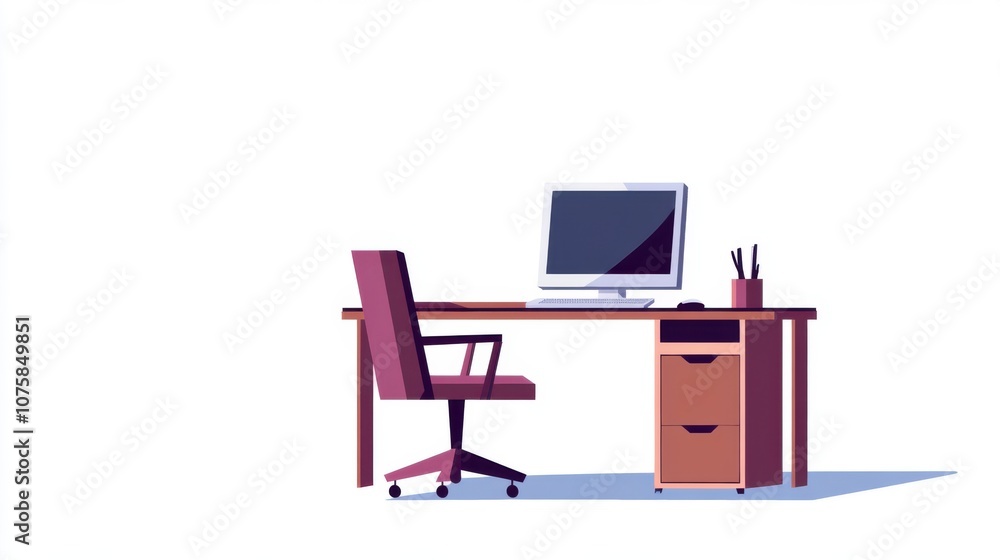 Flat vector illustration of an empty work desk with a desktop computer Flat vector illustration of an empty work desk with a desktop computer